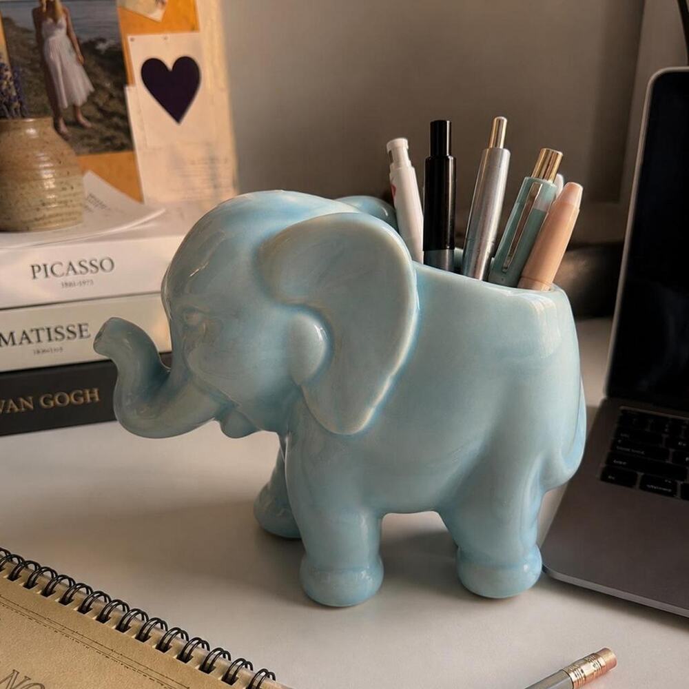 Blue Ceramic Elephant Planter Pencil Holder Desk Organizer